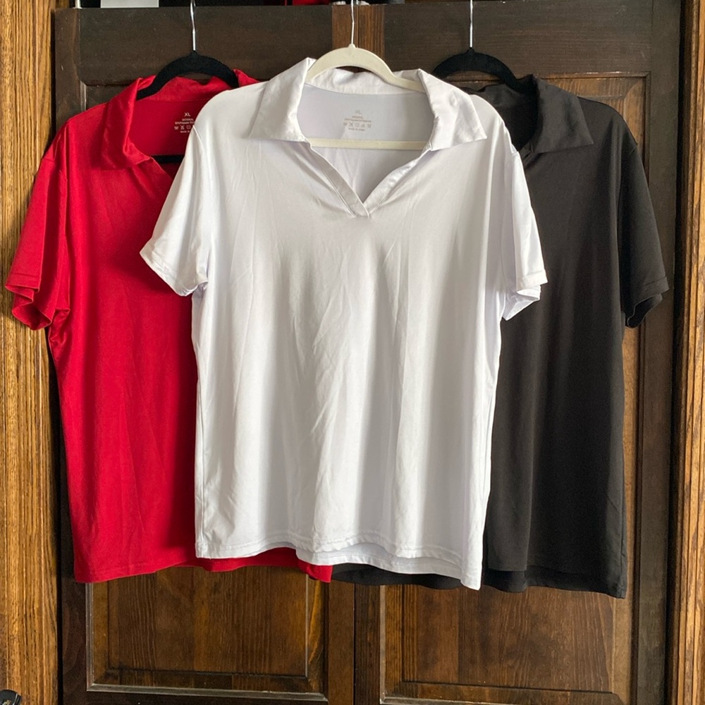 Set of three ladies polos red, white and black